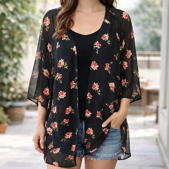 Express Sheer Black Cardigan with Red Floral Pattern - Picture 1 of 7